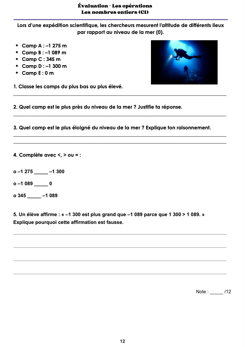 Évaluations en mathématiques – 5e année du primaire